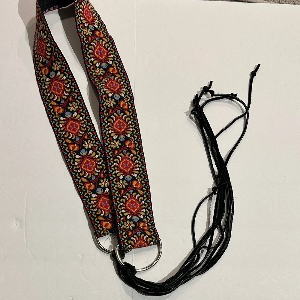 Colorful Bohemian embroidered floral Belt with Black Leather suede Ties 32-46”